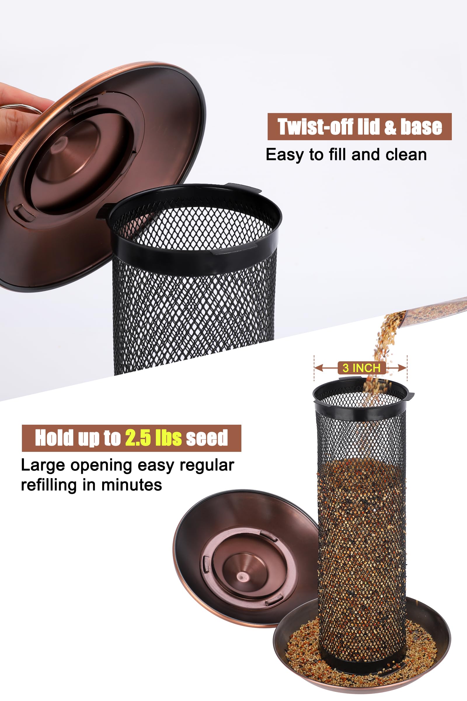 Gtongoko feeder shows drain holes to keep seed dry and fresh