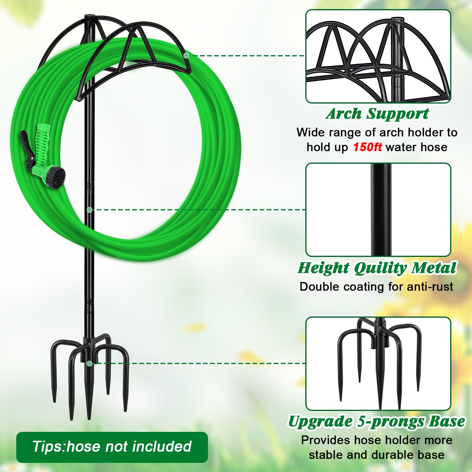 Gtongoko heavy-duty metal hose stand demonstrates durability for long hoses.