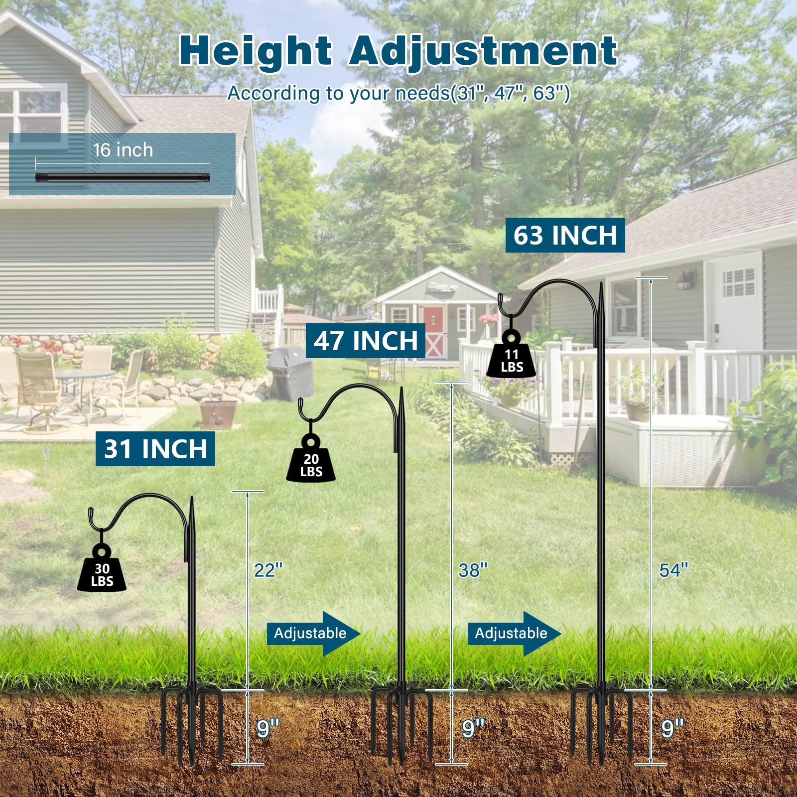 Gtongoko adjustable-height shepherds hook showing 47–63 inch range for flexible placement