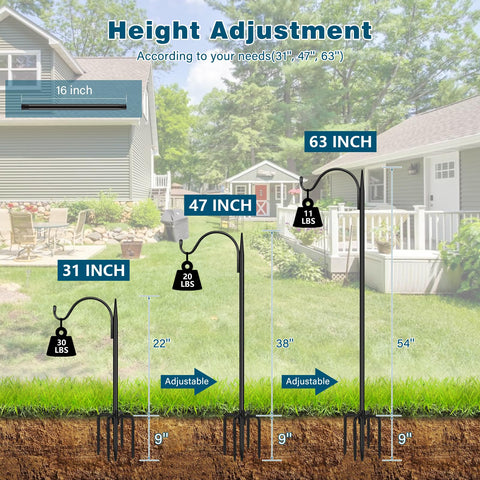 Gtongoko adjustable-height shepherds hook showing 47–63 inch range for flexible placement