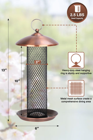 Gtongoko metal mesh tube feeder close-up shows durable construction and drainage holes.