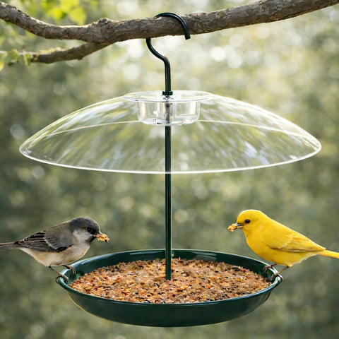 Gtongoko platform bird feeder with dome protecting seeds for daily backyard birdwatching