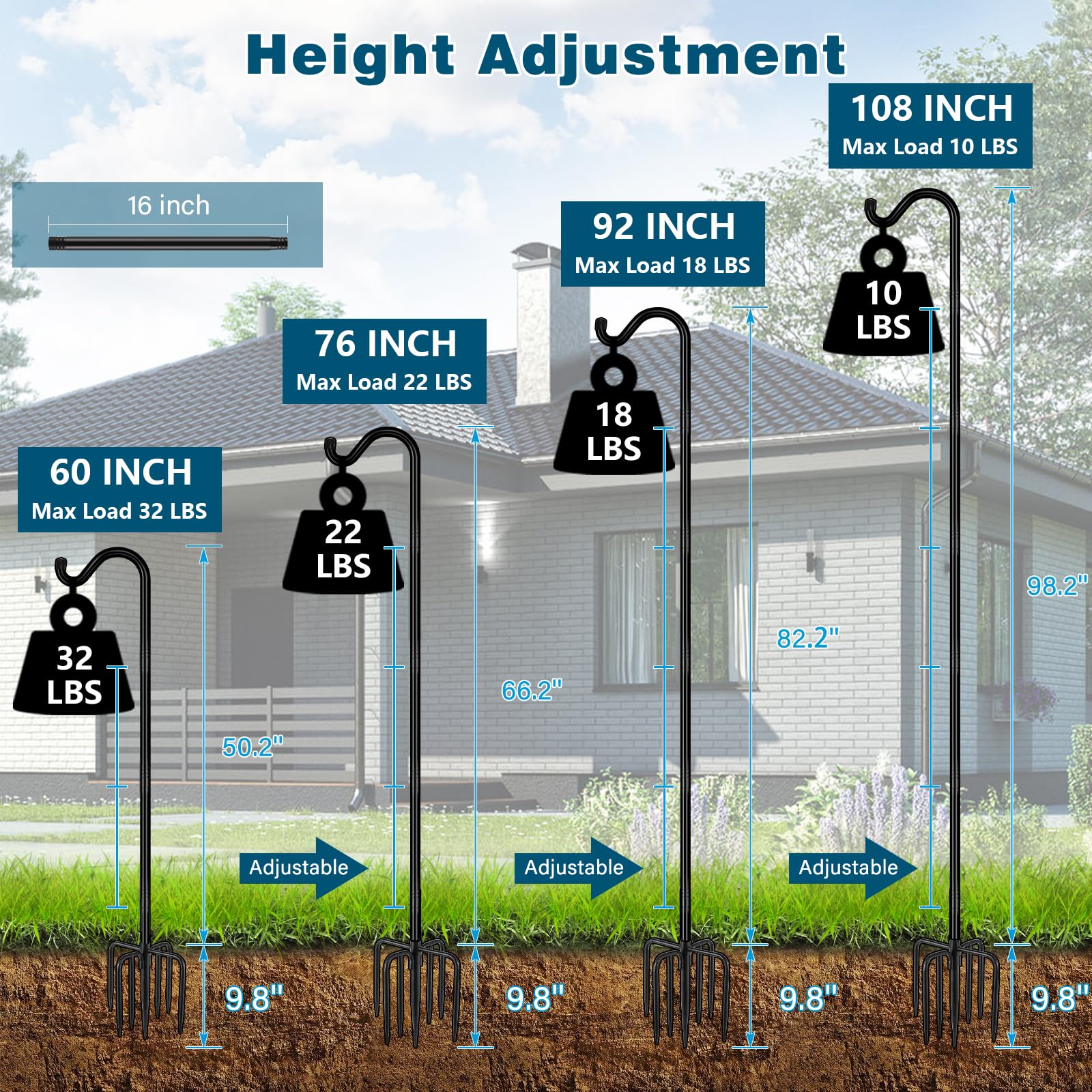 Gtongoko Shepherds Hook at 92 inches tall for versatile garden placement of lanterns and plants.