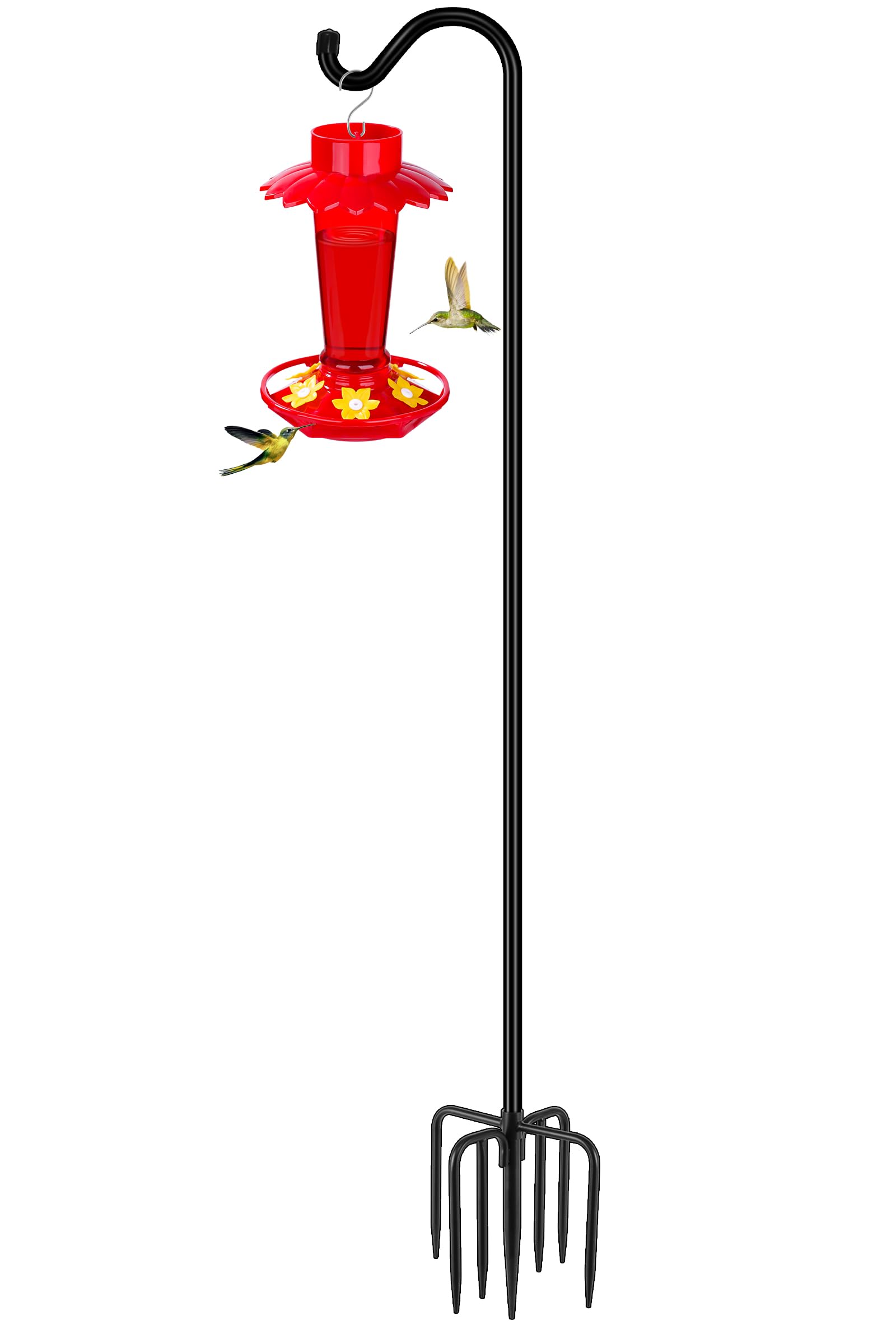 Gtongoko tall shepherds hook with seven-prong base supports bird feeders in the garden.