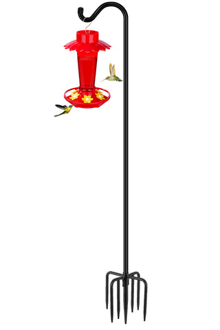 Gtongoko tall shepherds hook with seven-prong base supports bird feeders in the garden.
