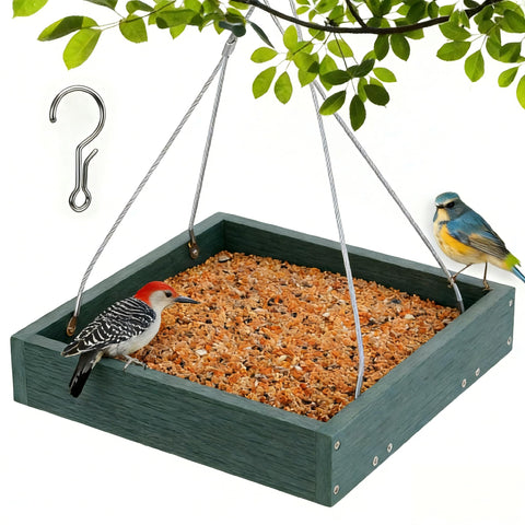Gtongoko WPC platform bird feeder hanging in a sunny garden for year round birdwatching