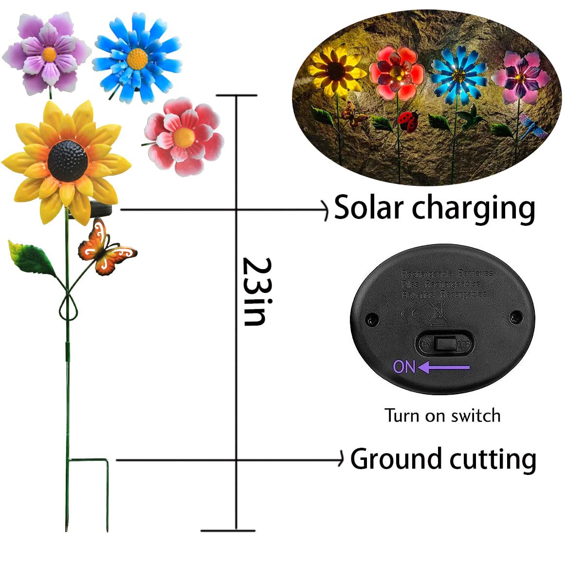 Guanfu solar flower stake with bee detail provides soft garden illumination