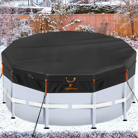 GuardKove 18ft round pool cover with windproof system for above-ground pools.