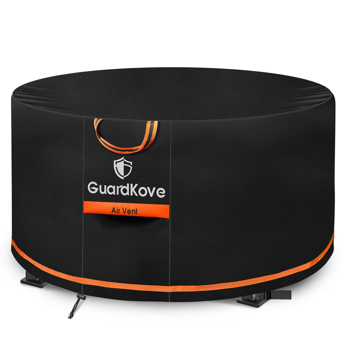 GuardKove 44-inch round fire pit cover in black with orange trim for durable outdoor protection.