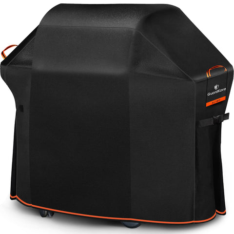 GuardKove 60-inch grill cover demonstrates a snug fit for 3-4 burner grills, protecting against sun and rain.