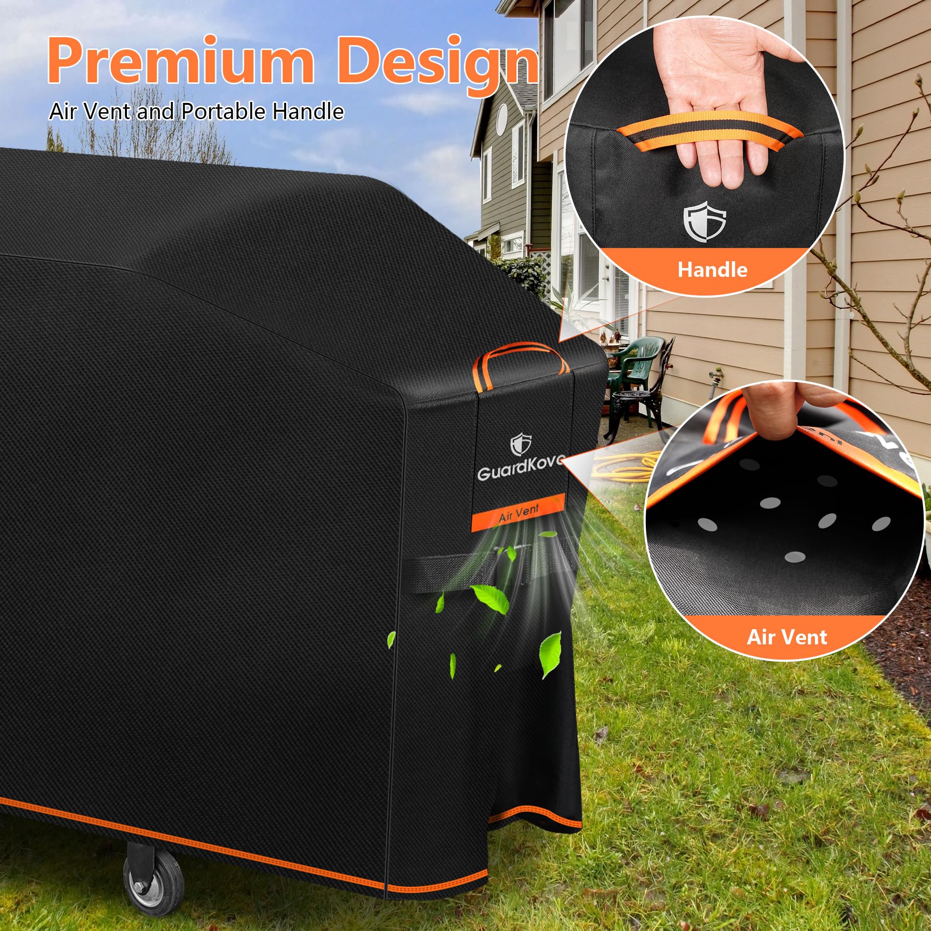 GuardKove orange-accent design adds modern outdoor style to the grill area.