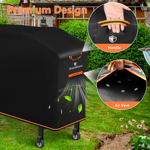 GuardKove orange-accent cover adds modern style to outdoor cooking space.