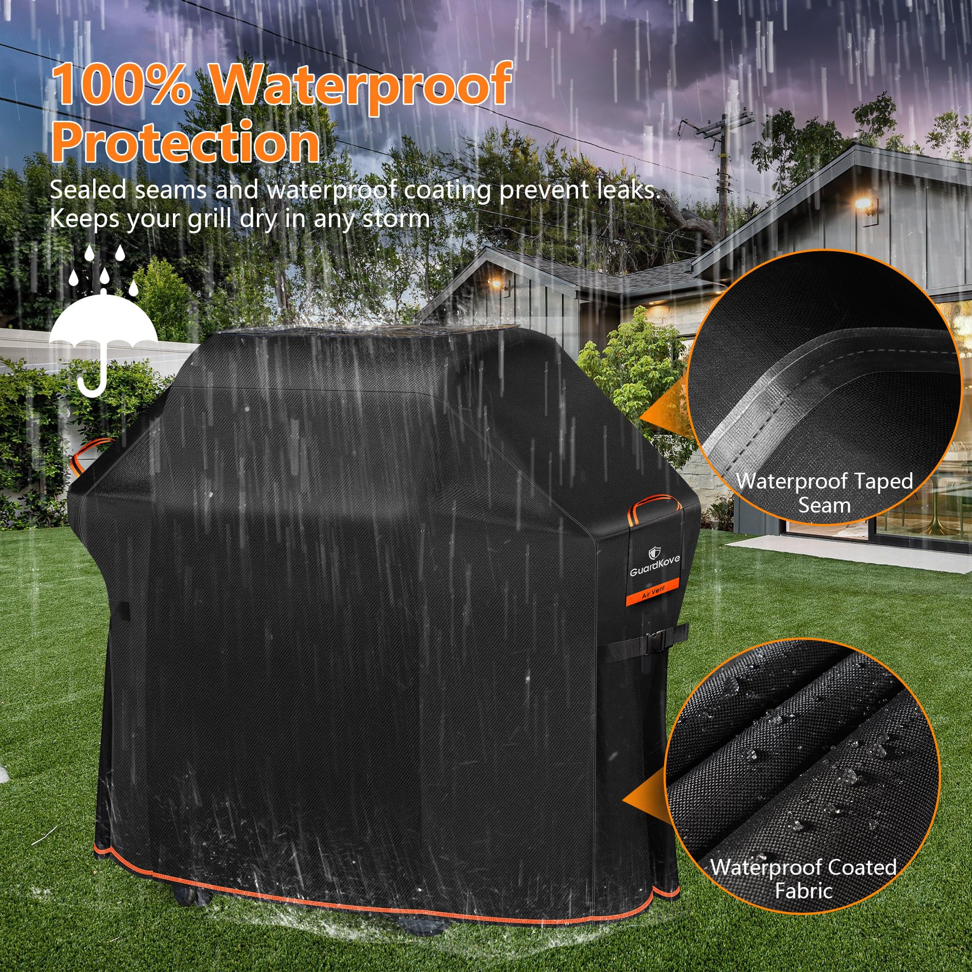 GuardKove waterproof structure keeps grill dry during rain and prevents rust.