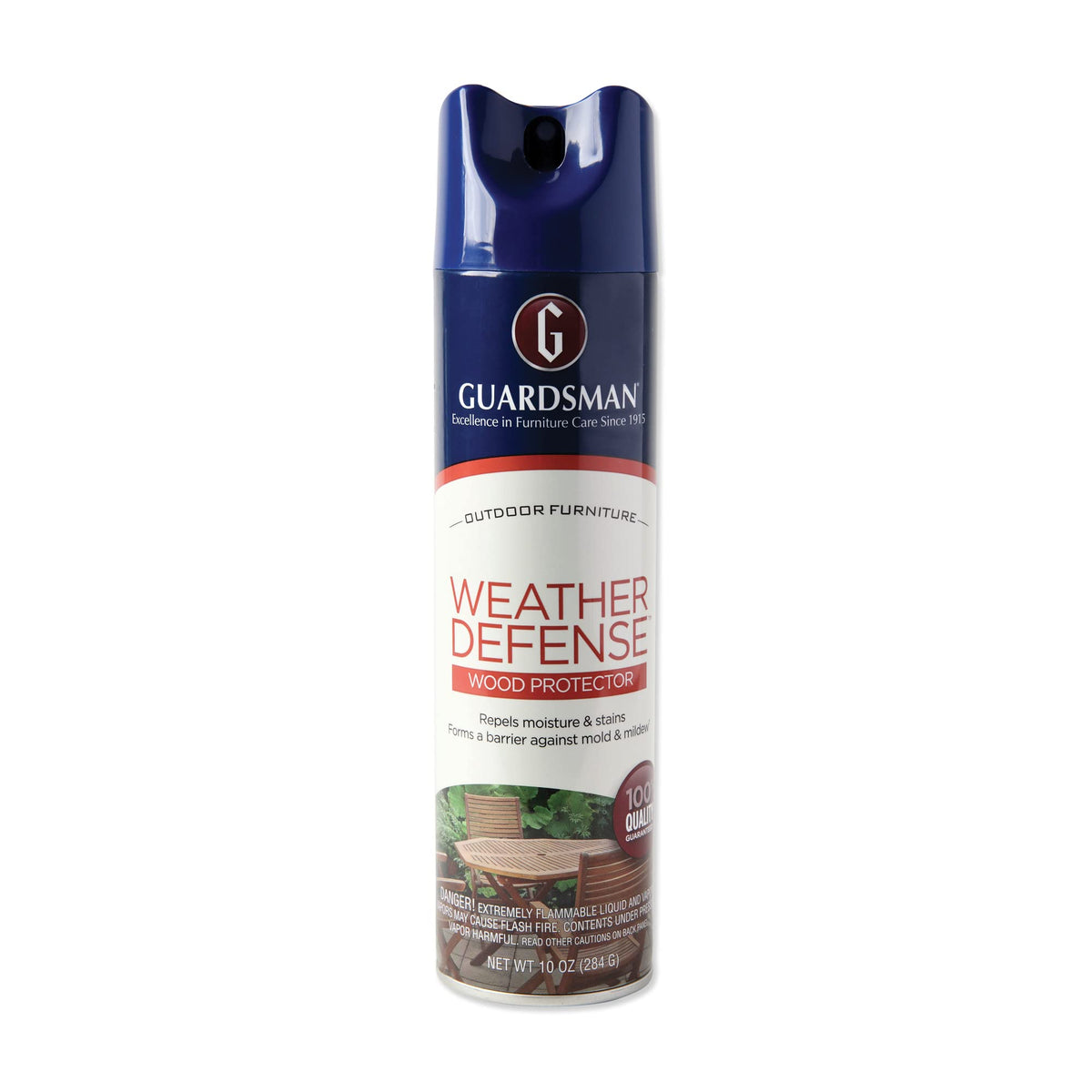 Guardsman Weather Defense bottle pour showing easy application and moisture protection for outdoor wood.