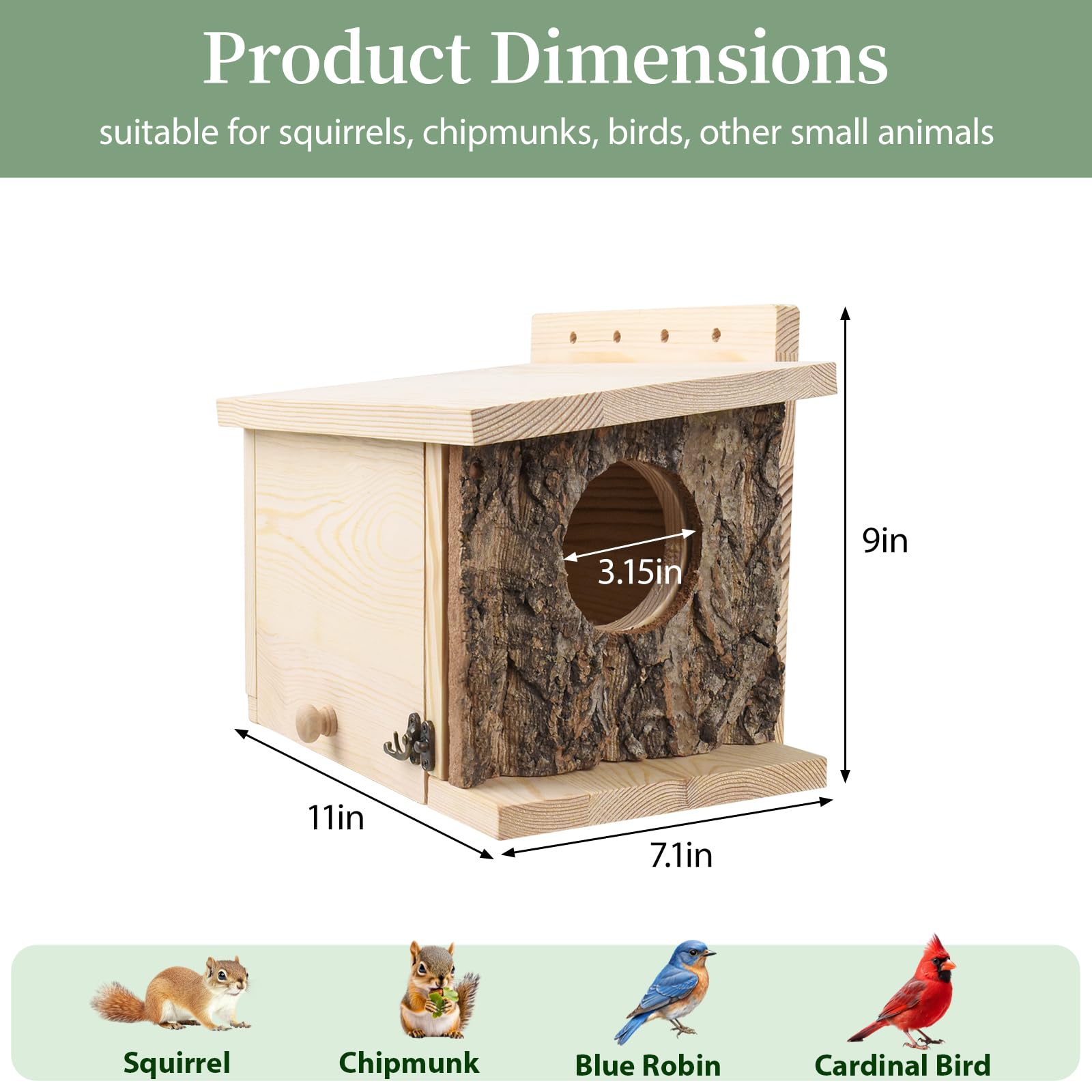 GUBEARE squirrel nesting box front entry shows roomy 3.15 inch opening for nesting.