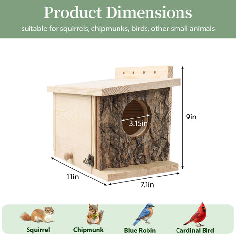 GUBEARE squirrel nesting box front entry shows roomy 3.15 inch opening for nesting.