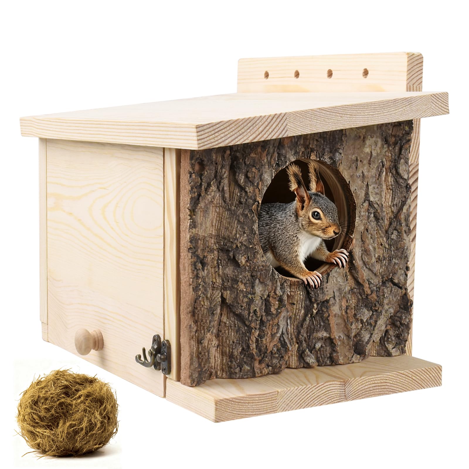 GUBEARE squirrel nesting box side bark design adds natural charm and outdoor appeal.