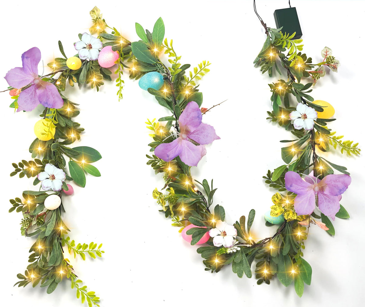 Gudegou 6FT Easter garland on mantel with butterflies and flowers for spring charm.