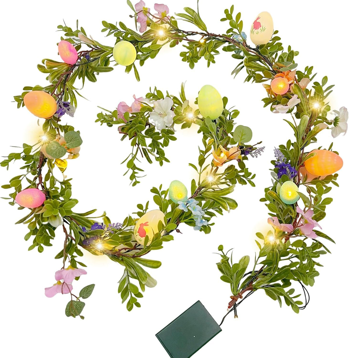 Gudegou Easter garland with greenery and LED lights for cozy mantel ambiance.