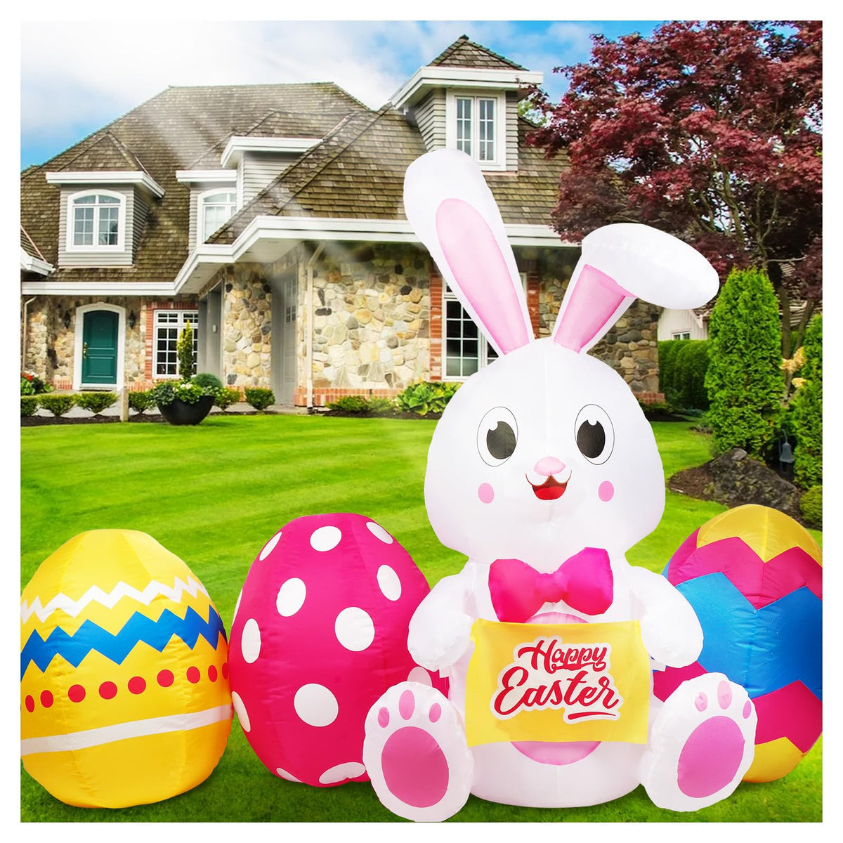 GUDELAK 6FT Easter inflatable bunny with eggs lights up your yard after sunset