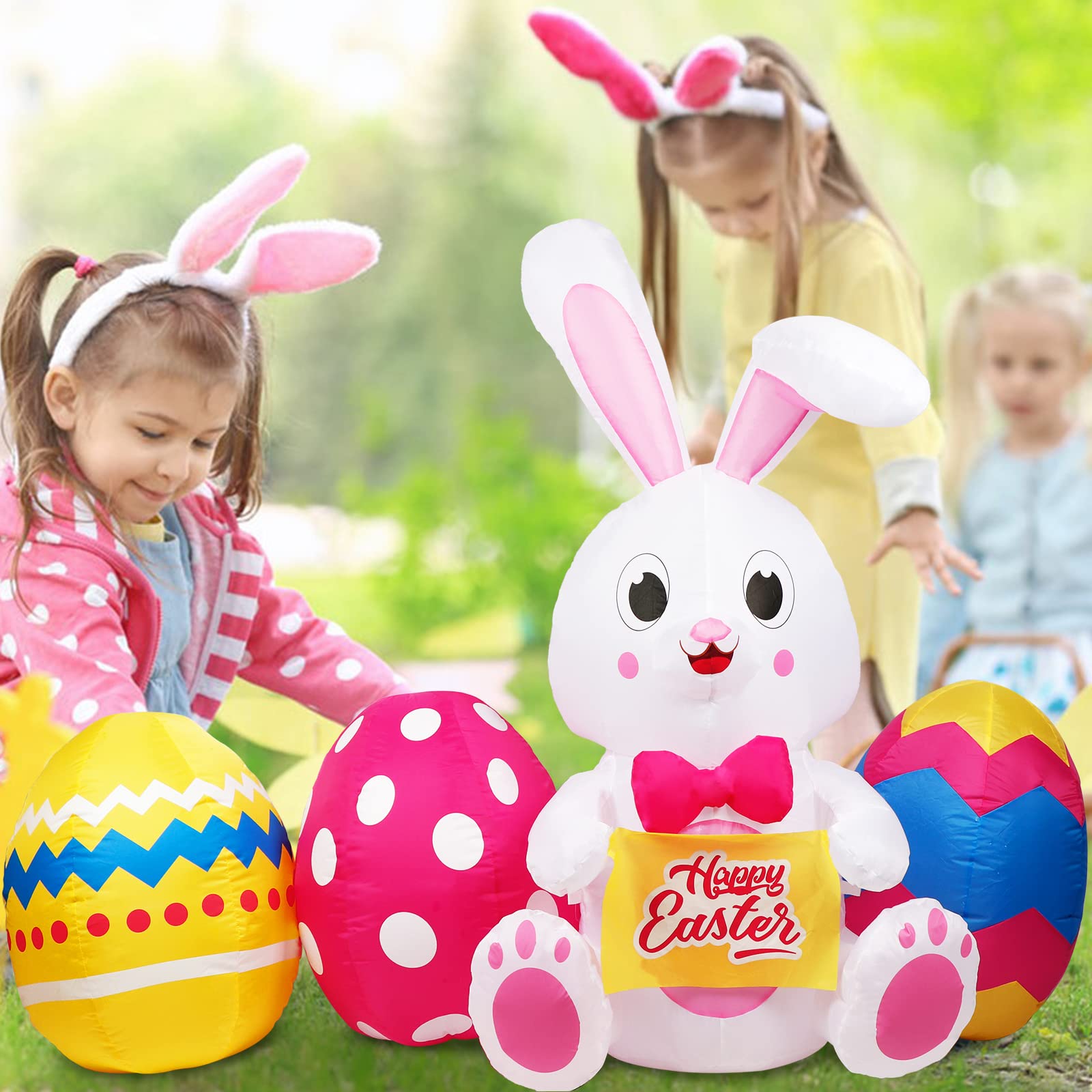 GUDELAK Easter inflatable bunny with LEDs and eggs boosts curb appeal at night