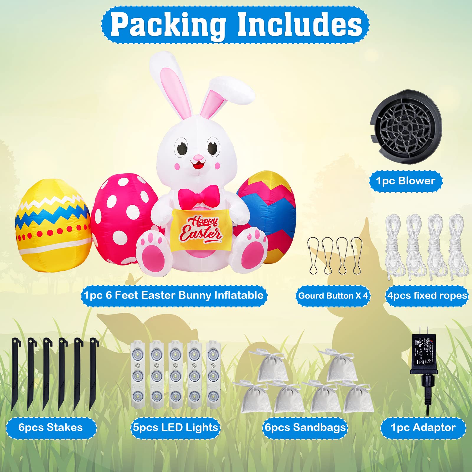 GUDELAK 6FT Easter inflatable featuring bunny and colorful eggs for porch