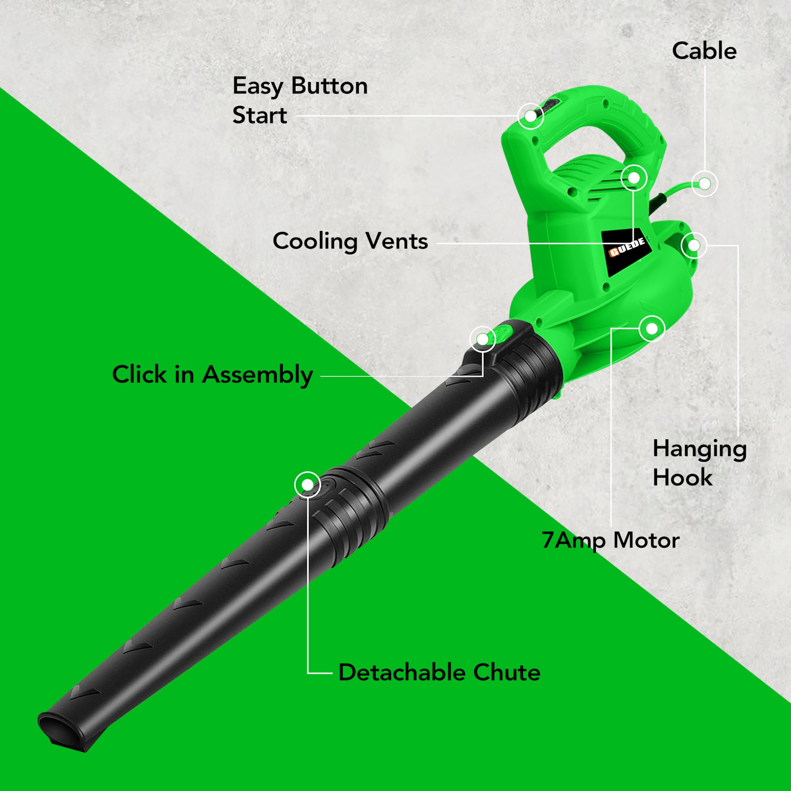 GUEDE Electric Leaf Blower debris-ejection demonstrates strong airflow for fast results.