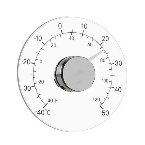GuDoQi window thermometer with transparent dial displaying outdoor temperature from indoors