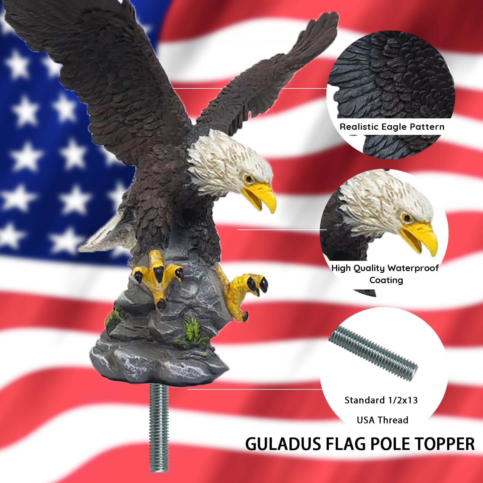 GULADUS Eagle flagpole topper indoor-outdoor display for year-round patriotic decor.