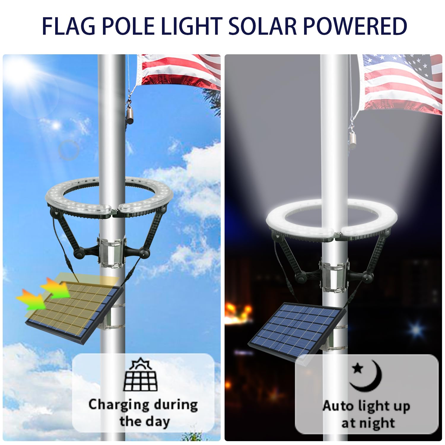 GULADUS 12000mAh battery integrated into the flag pole light for long runtimes