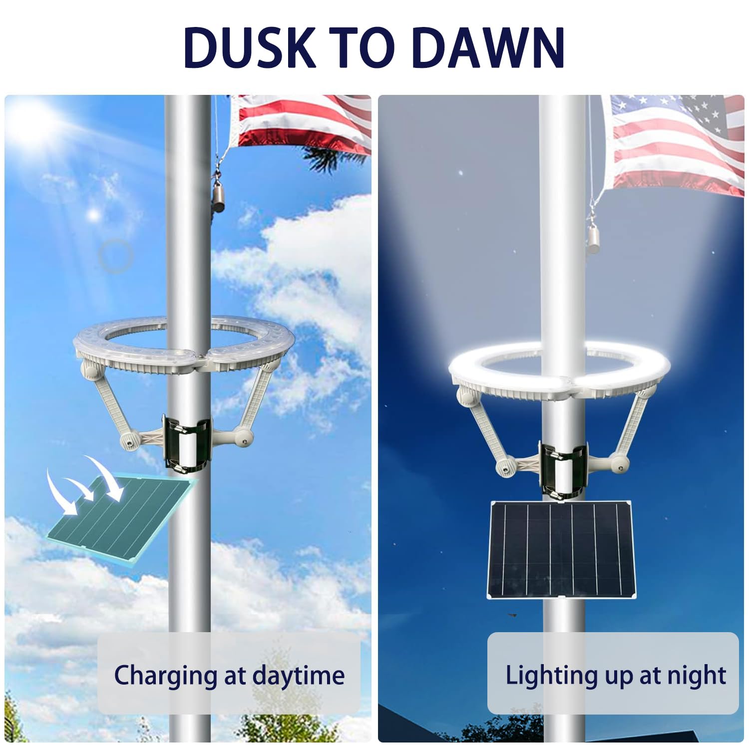 GULADUS solar flag light powers overnight operation with a 12 W panel.