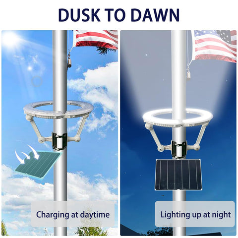 GULADUS solar flag light powers overnight operation with a 12 W panel.