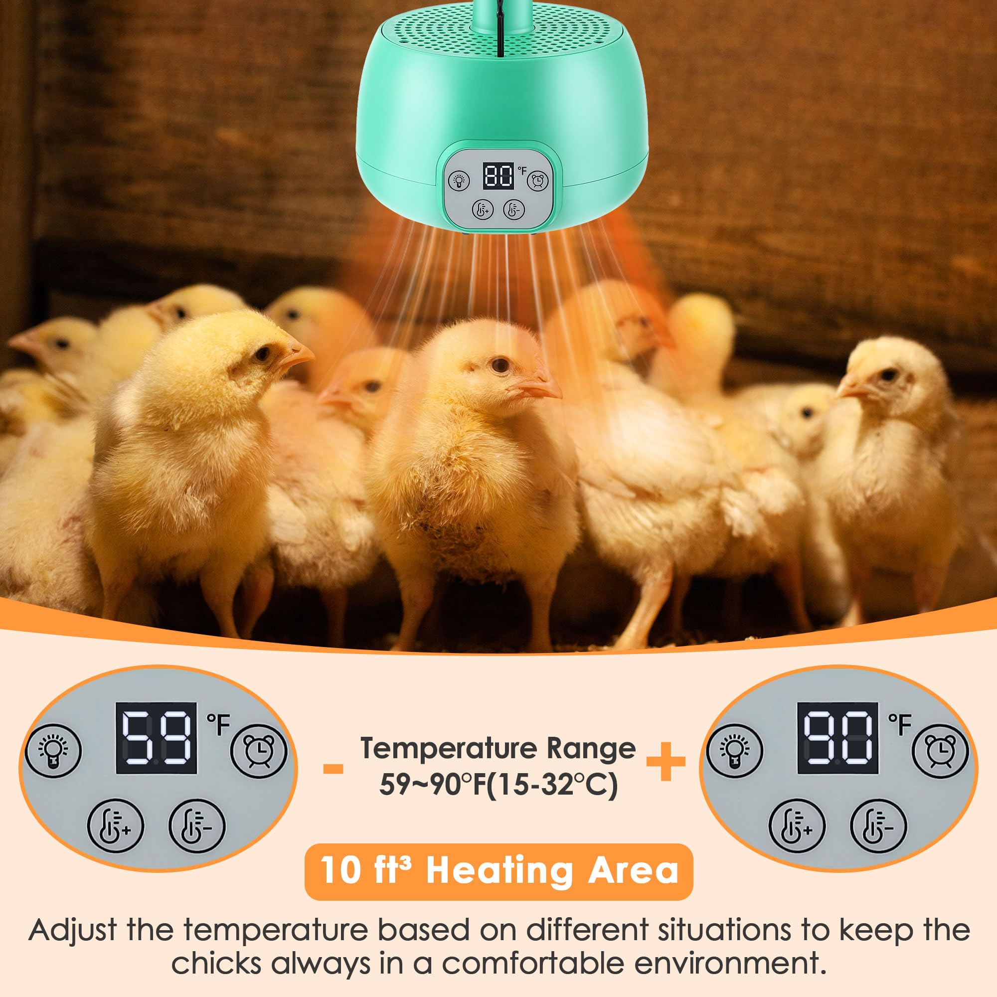 Gulfmew chicken coop heater mounted in coop with a long cable