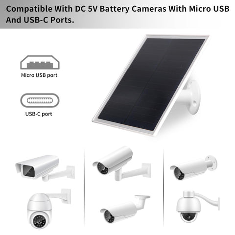 Gulisot solar panel with USB-C and micro-USB ports for versatile camera compatibility.