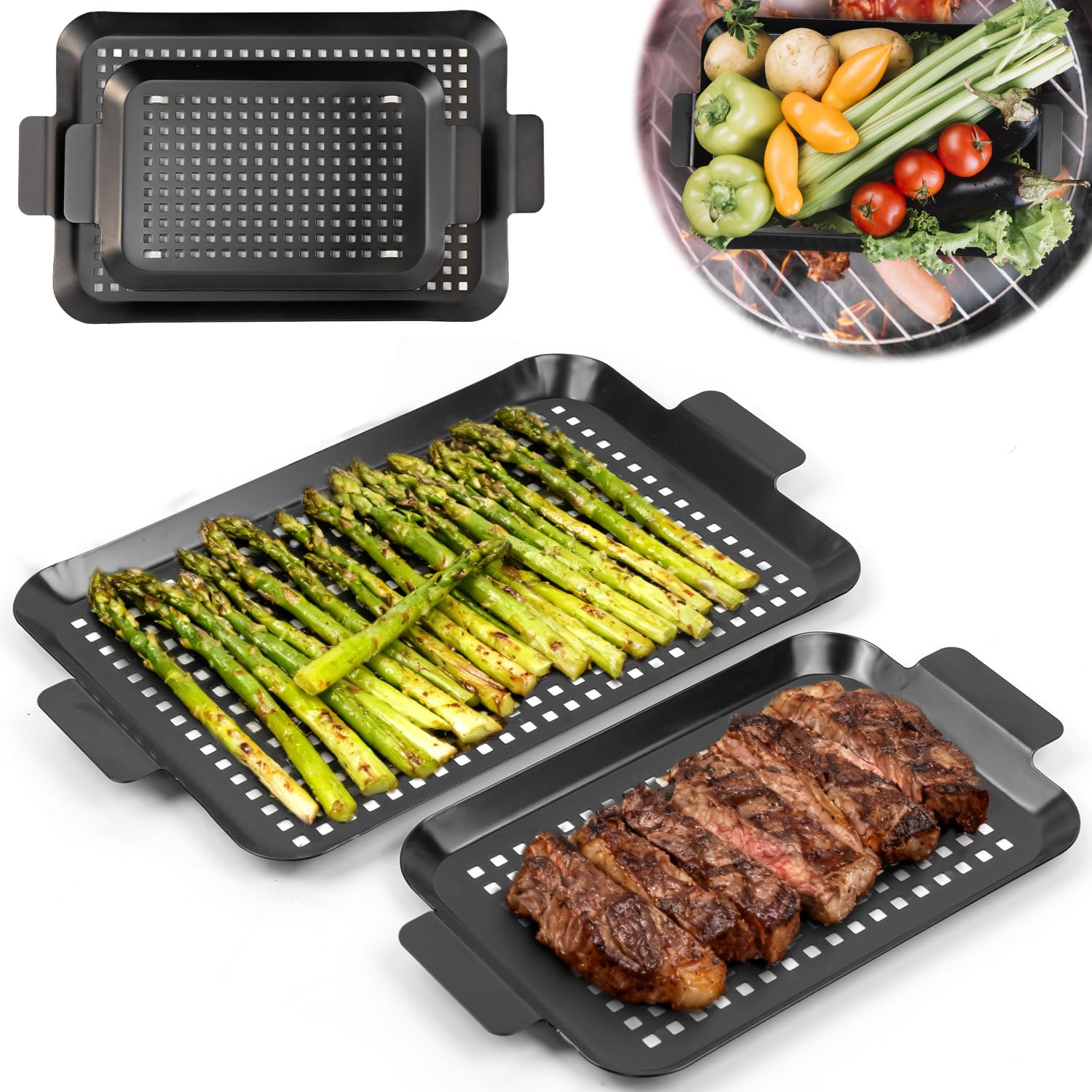 Guogiyala grill topper on an outdoor grill with perforated surface for even heat and sear.