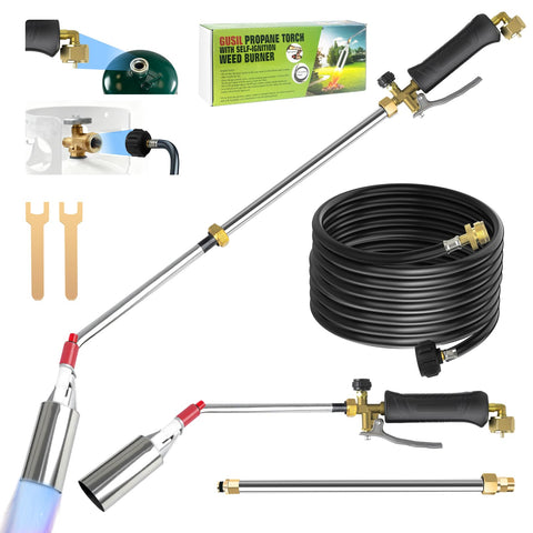 Gusil propane weed torch with wide nozzle for powerful outdoor heating.