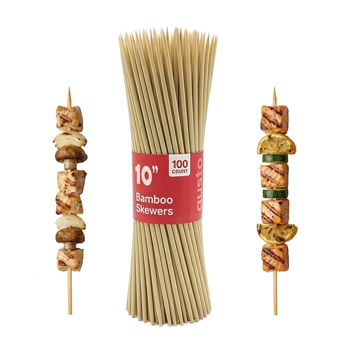 GUSTO 10-inch bamboo skewers for grilling and safe food handling.