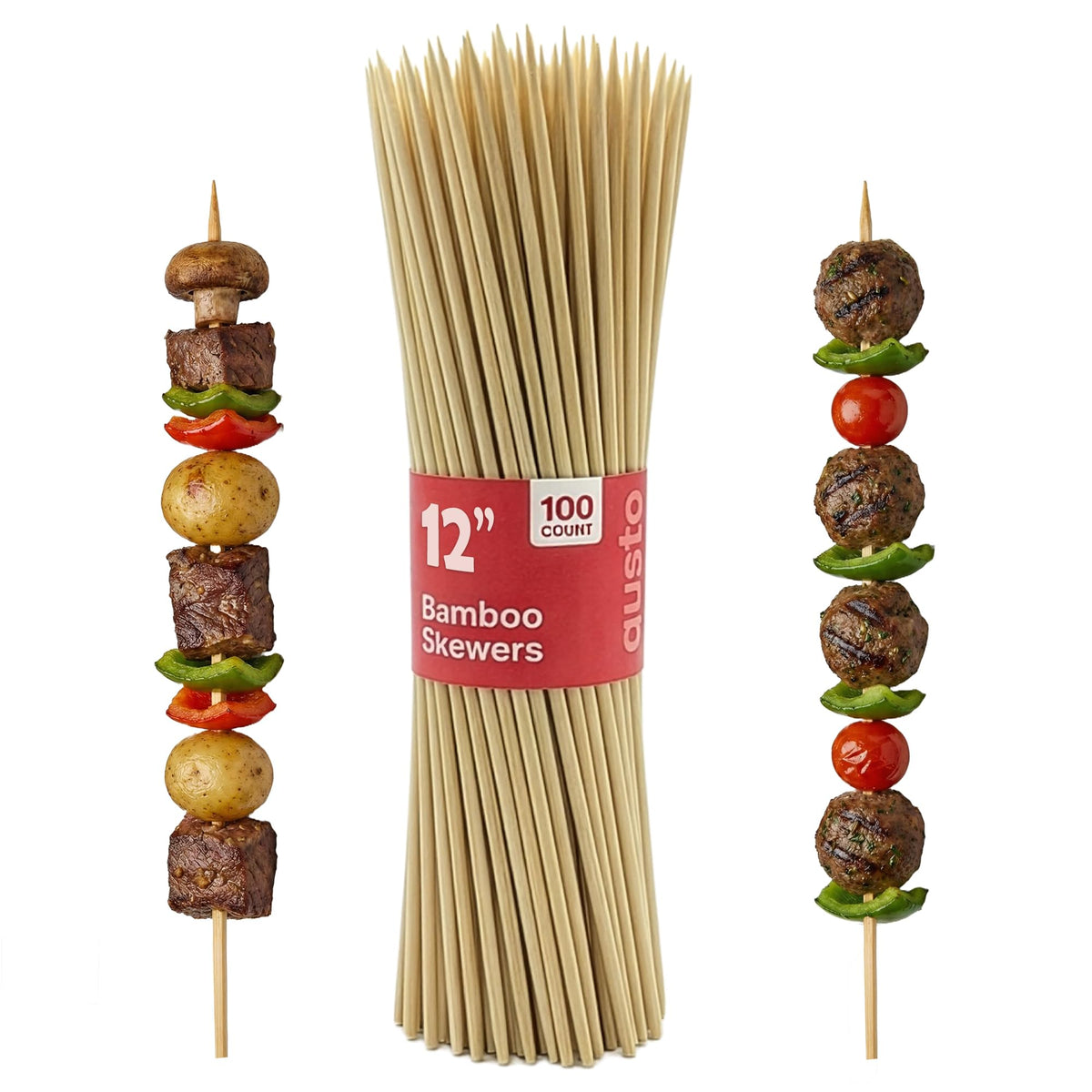 GUSTO 12-inch bamboo skewers ready for grilling and kebabs