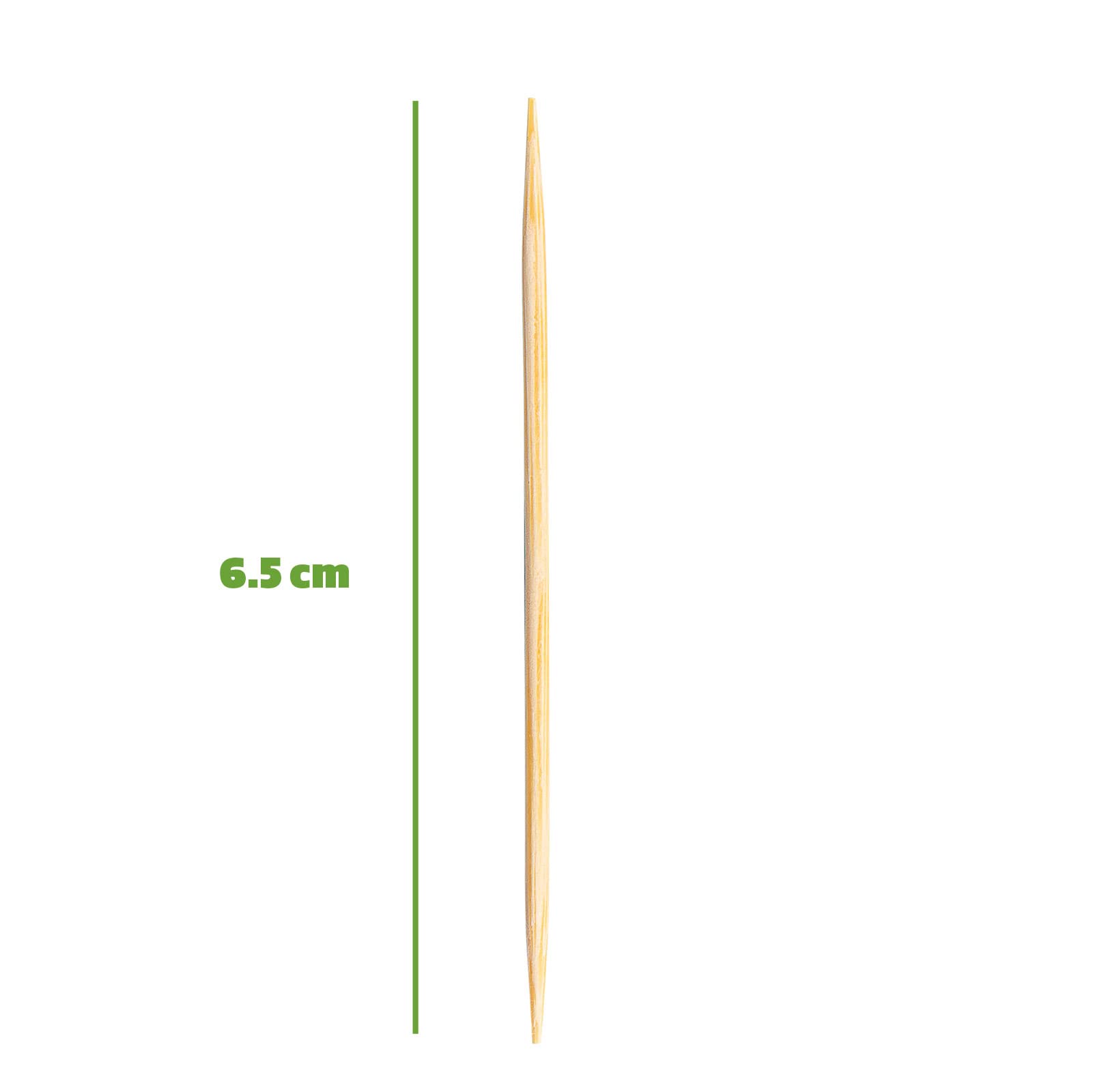 Close-up of GUSTO bamboo toothpicks with a double-pointed tip.