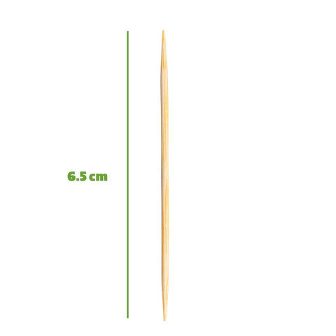 Close-up of GUSTO bamboo toothpicks with a double-pointed tip.