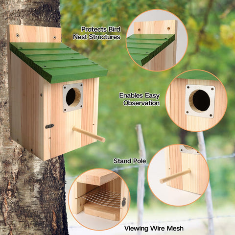 Gute bird house front door open for easy cleaning after nesting.