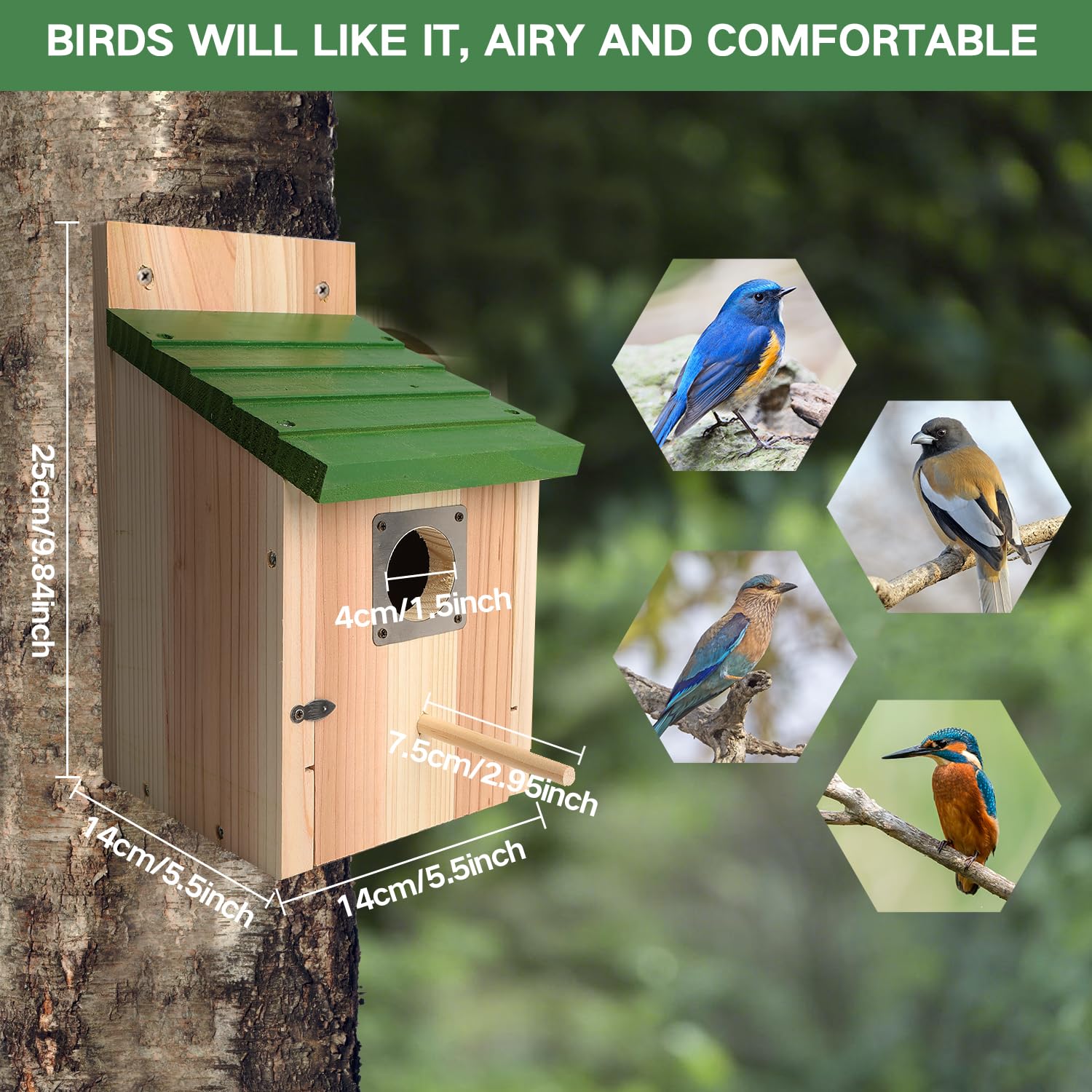 Gute bird house shows the untreated cedar surface and natural texture.
