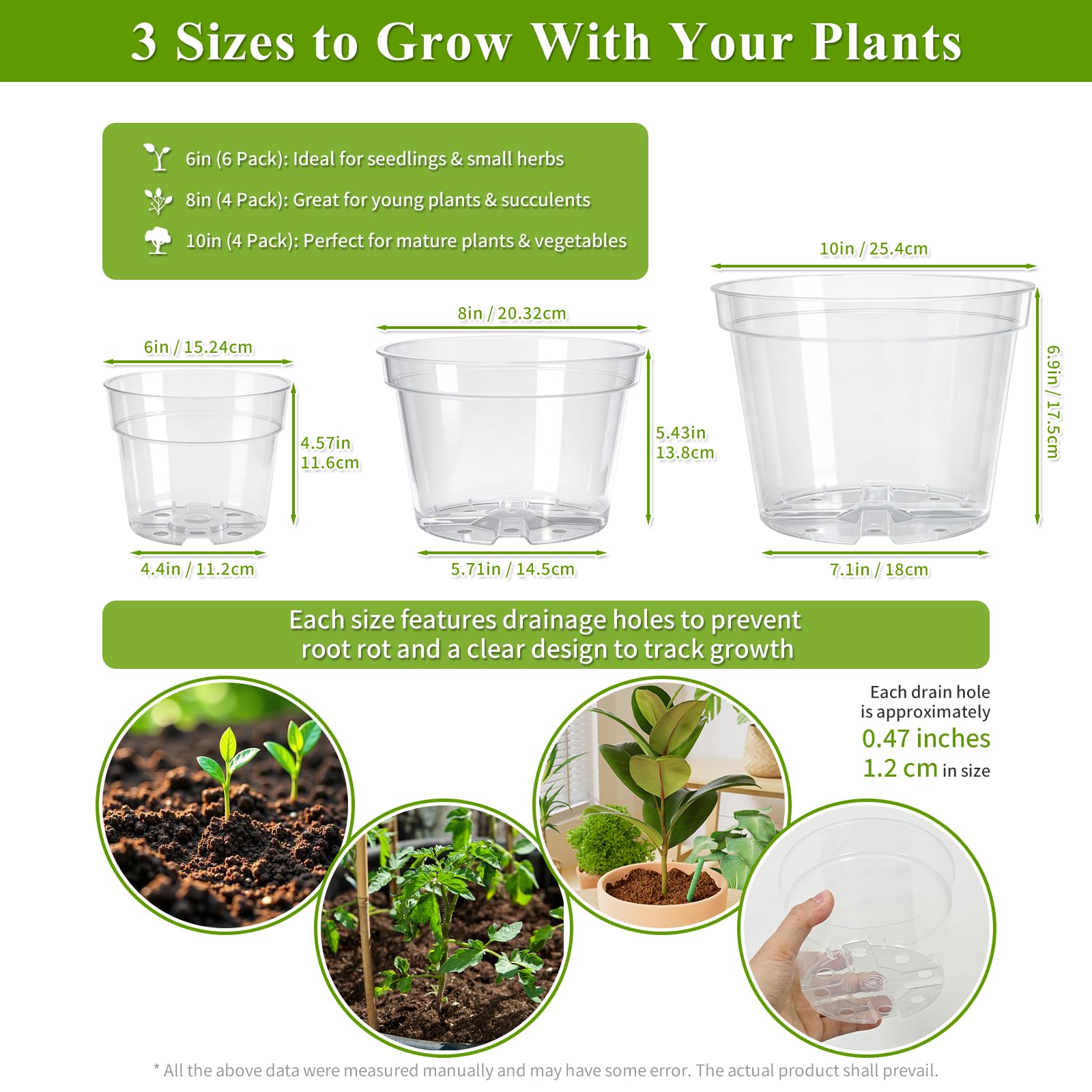 Gute clear 8 inch nursery pot for visible soil and root checks