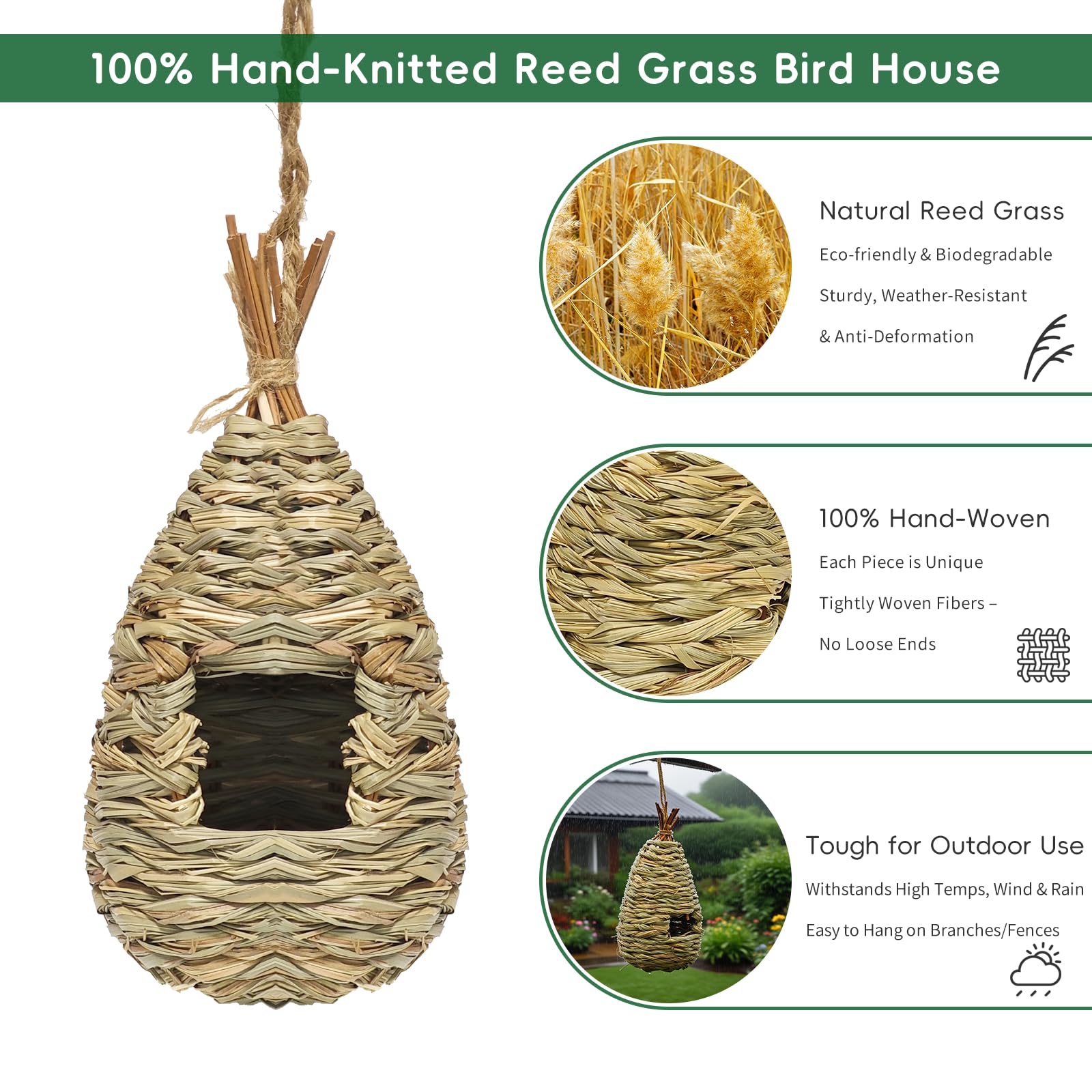 Gute drop-shape outdoor bird house offers spacious interior for small birds.