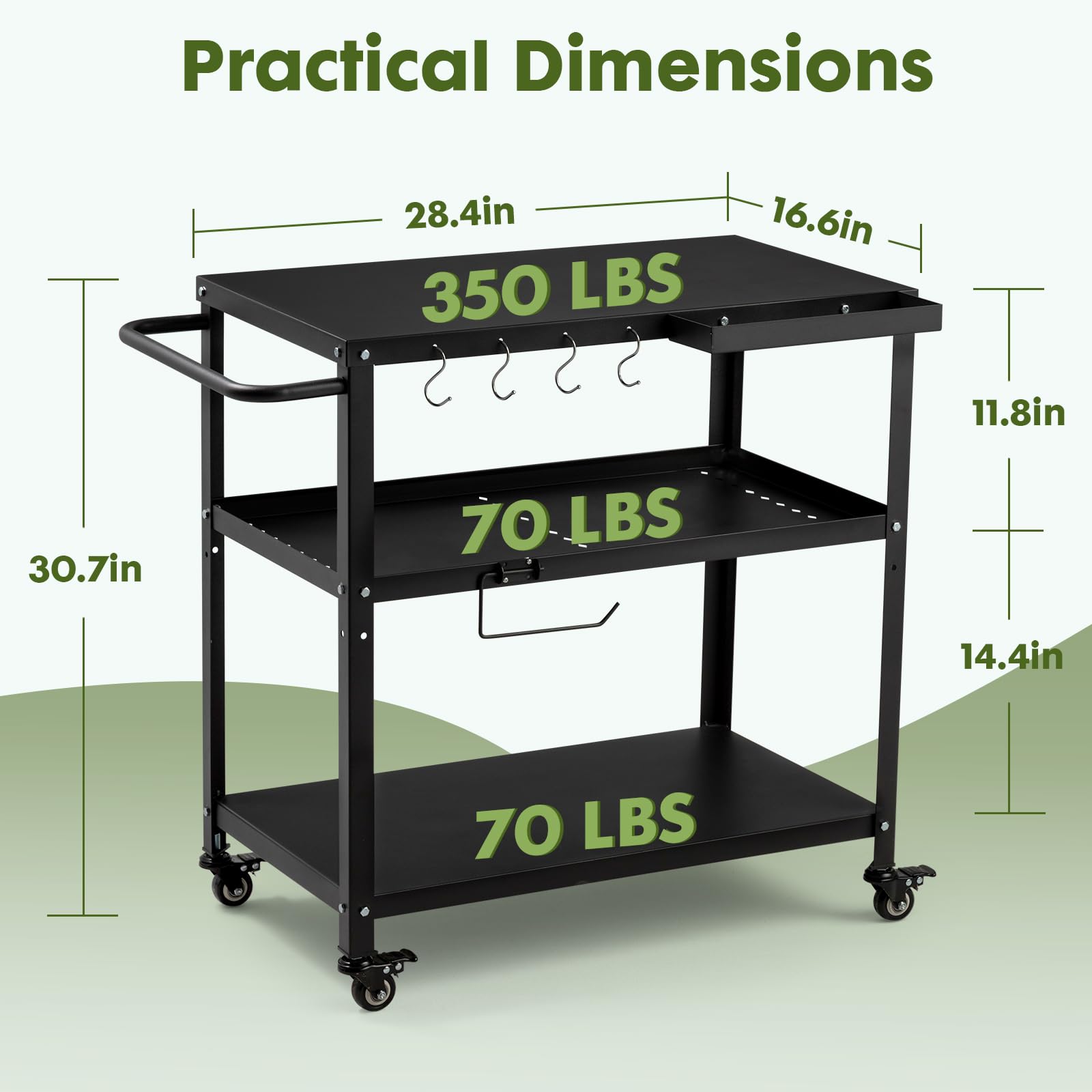 GVGBUK Outdoor Grill Cart Table dimensions illustrating compact storage footprint