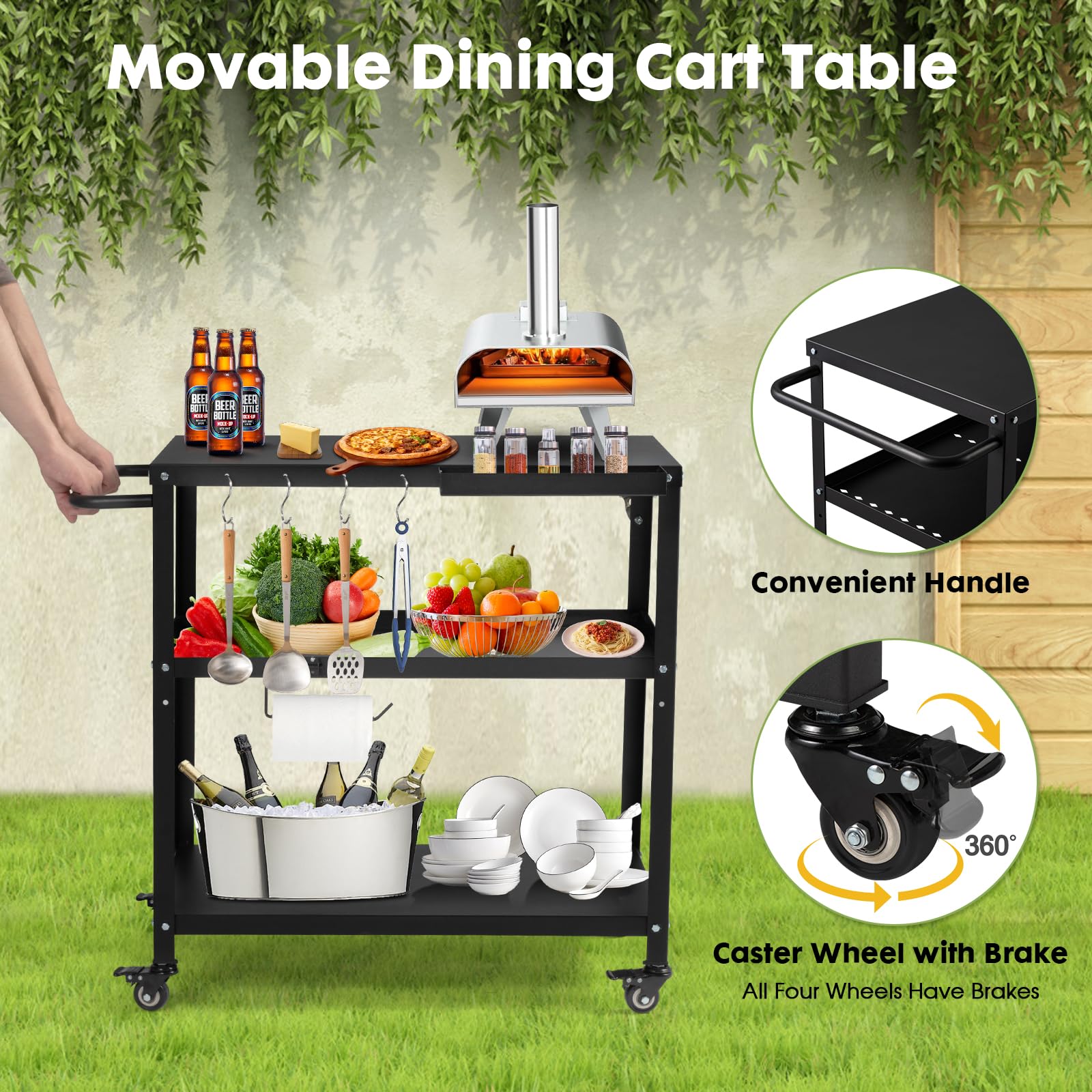 GVGBUK Outdoor Grill Cart Table hooks and side handle for organized tools
