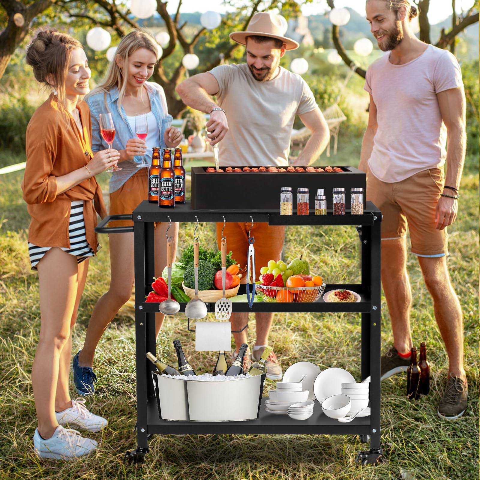 GVGBUK Outdoor Grill Cart Table in use beside grill for convenient serving
