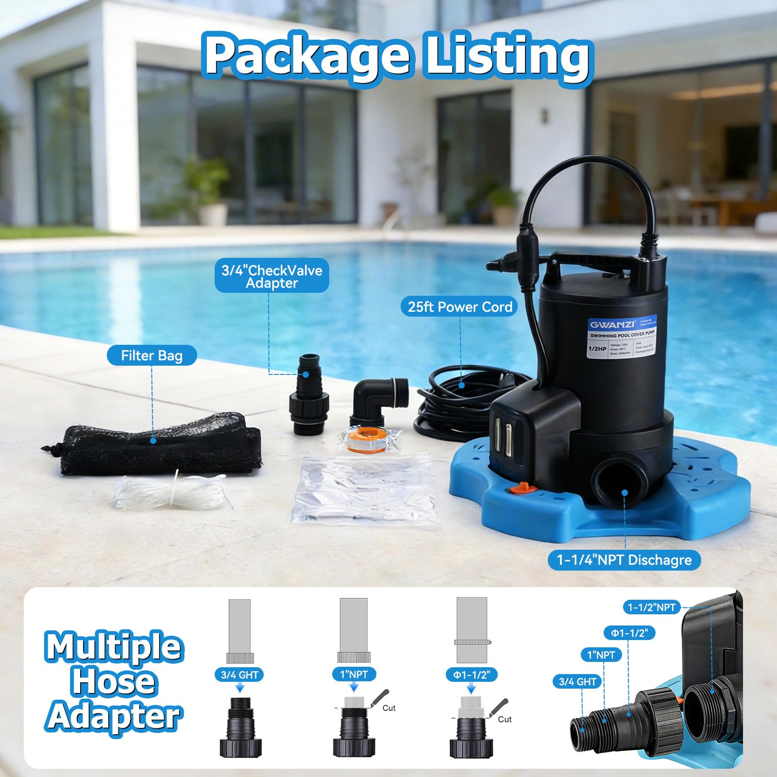 GWANZI pump in use draining water from pool cover or tub