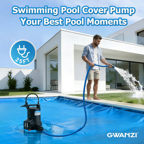 GWANZI 1/2HP pool cover pump setup with adapters for quick, tool free installation