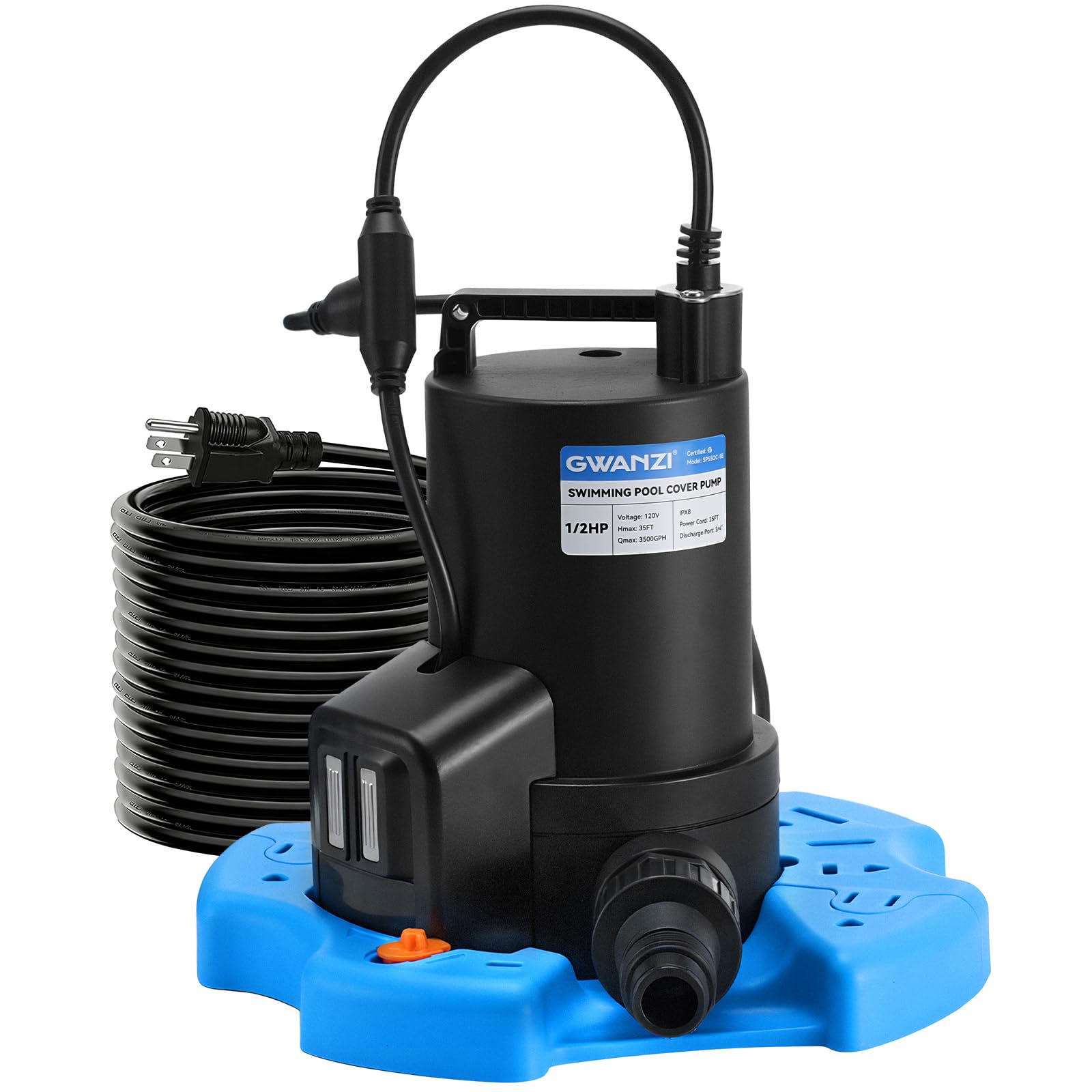 GWANZI 1/2HP pool cover pump underwater view showing powerful lift for rapid draining